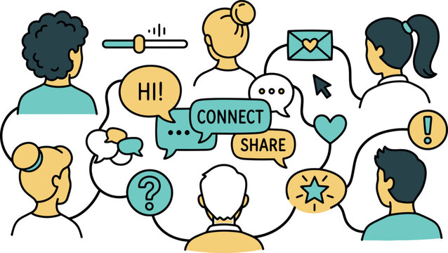 Flat line design concept of people digital communication social network message sharing community connect global online connection team vector illustration