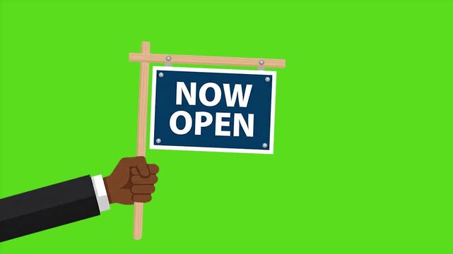 Hand Holding Now Open Sign Animation on Green Screen, Black, and White Backgrounds &mdash; Reopening and New Business Launch Concept