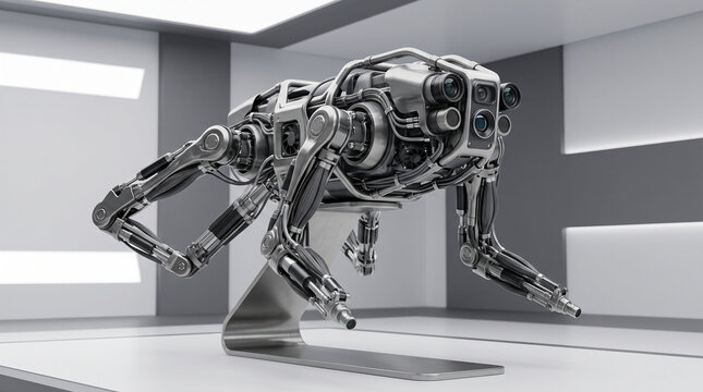 Bionik Bioroboter Biodrone Biomechanisch Suchroboter Entwicklung Konzept. Hochmoderner Forschungs-Bioroboter im Ausstellungsraum