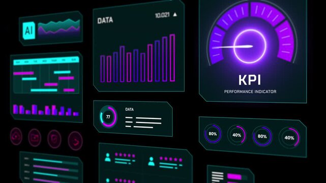 High tech circular KPI meter with glowing purple accents showing progress and digital performance metrics.