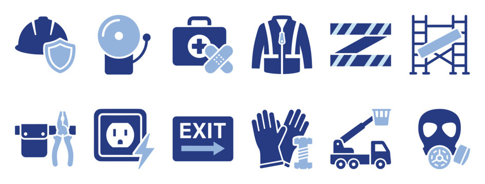 Set of safety icons. Workplace protection, construction security, industrial hazards, emergency warning symbols. PPE, tools, first aid, warning signs.