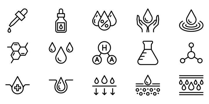 Skincare and Dermatology Line Icons Set. Serum, Collagen, Cream, Acne Treatment, Moisturizer, Anti-Aging and Cosmetic Care Vector Illustration Collection.