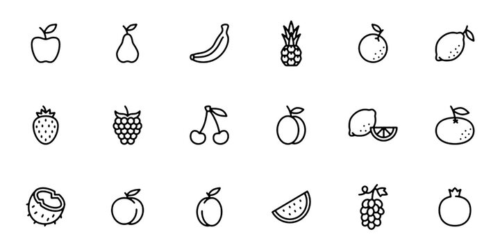 Fruit and Fresh Food Line Icons Set. Apple, Cherry, Banana, Citrus, Berry, Tropical Fruits and Healthy Nutrition Vector Illustration Collection.