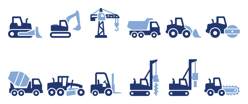 Set of construction vehicles icons. Heavy machinery, building equipment, industrial transport symbols. Flat vector glyphs for web and app UI.