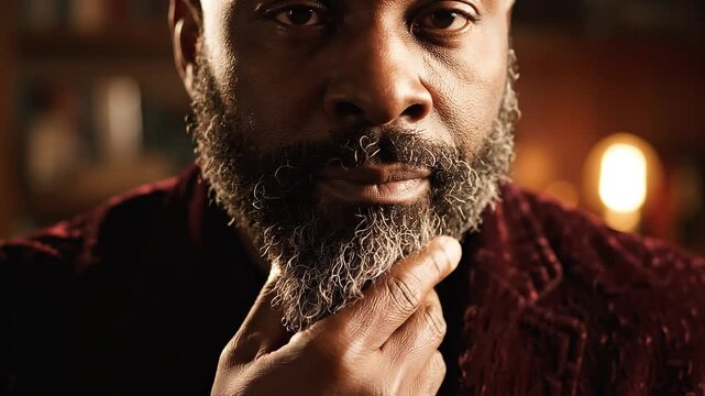 Portrait of a Pensive African American Man Touching His Beard