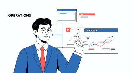 Fototapeta premium Business Operations Management: Man Explains Process Workflow