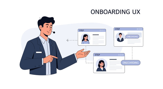 Business onboarding UX illustration, user flow, customer journey, digital interface