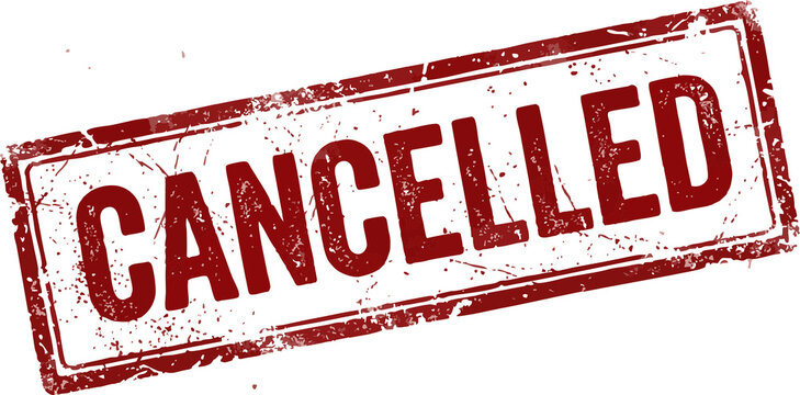 a red grunge "CANCELLED" rubber stamp imprint enclosed within a rectangular border and tilted diagonally against a plain white background