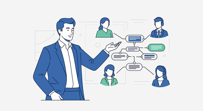 Business team structure diagram, man presenting organizational chart