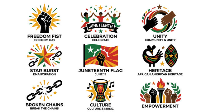 Vibrant Juneteenth Celebration Emblems Showcase Unity and Heritage