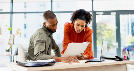 Document, business and people in office with advice, planning or review of resume for hiring....