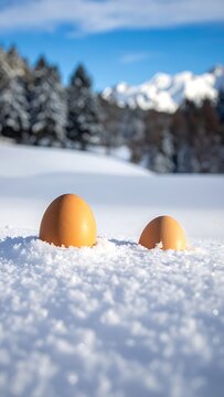 Two brown eggs in snowy landscape.
