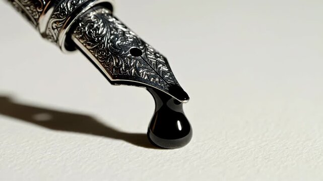 Macro view of an ornate silver fountain pen with intricate floral engravings on the nib and body, showing a single drop of black ink suspended from the tip over textured white paper.