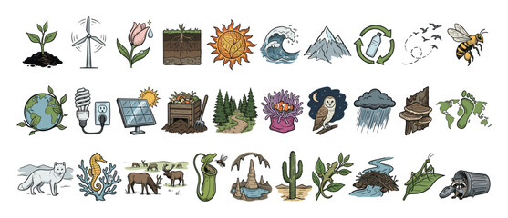 Obraz premium Set of nature icons. Environment, ecology, sustainability symbols. Hand drawn vector elements for renewable energy, wildlife, natural resources, and earth protection.