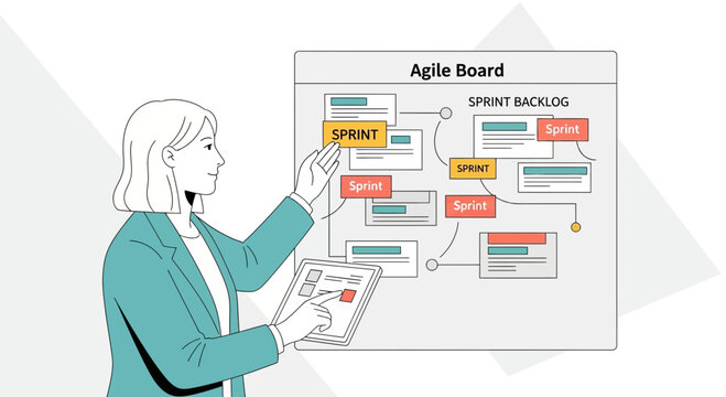 Agile Scrum Methodology - Woman Planning Sprint Tasks on Board with Tablet