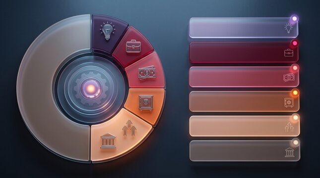 Futuristic circular infographic dashboard, 3D glass business process chart, glowing data visualization interface with icons and colorful segments