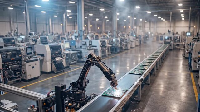 Automated robotic arm performing high-precision soldering on a green printed circuit board in a modern electronics manufacturing facility