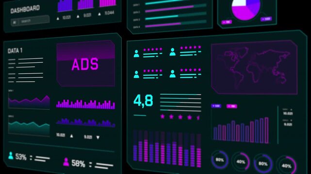 Animated world map with data points showing global advertising reach and marketing distribution trends.