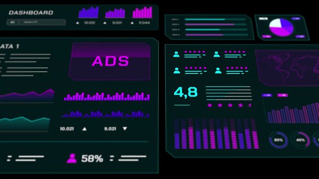 Modern interface tracking advertising sales data, customer behavior, and retail inventory metrics.