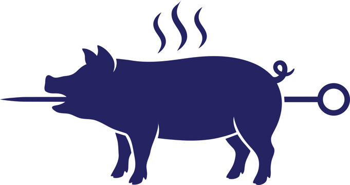 Hot roasted whole pig on a metal spit for traditional barbecue cooking with barbecue traditional catering roasting