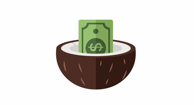 Coconut shell holding folded cash illustration concept.