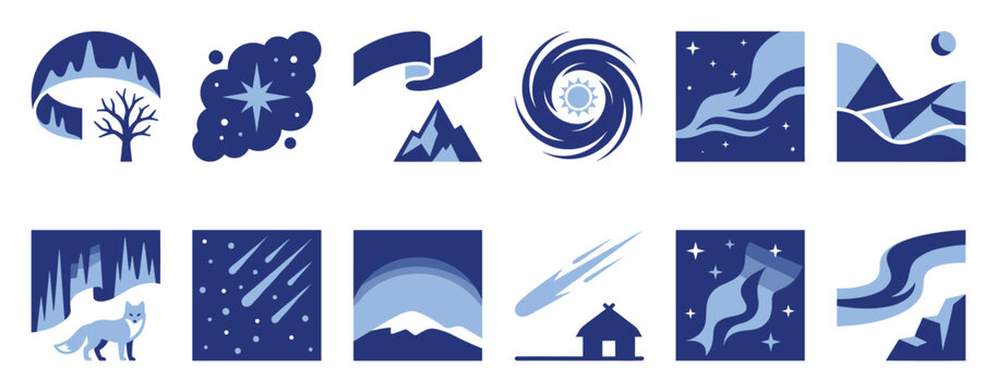 Set of winter nature icons. Arctic landscape symbols, cold weather features, night sky phenomena, animals, mountains, ice, snow signs.