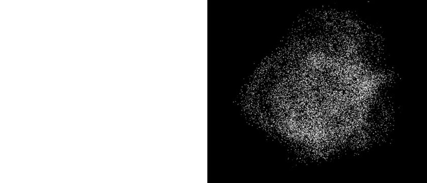 Abstract white powder explosion on black background, grainy dust particles splash, cinematic flour burst texture for design overlays