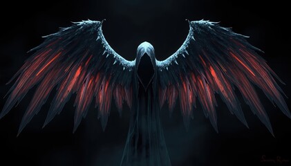 Obraz premium A dark, hooded figure with large, ominous wings spreads out against a black background, evoking a mysterious and eerie atmosphere.