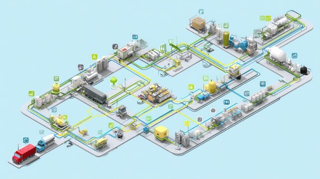 Isometric diagram illustrates the complex flow and interconnection of various components within an industrial production system.
