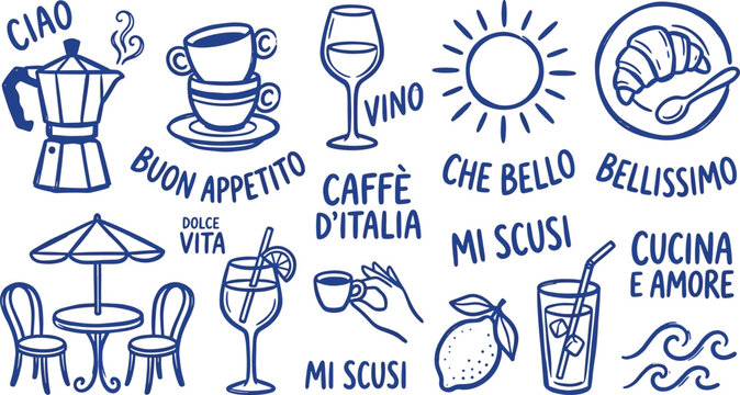 Italian culture and lifestyle hand drawn doodle set with coffee wine cafe elements and phrases vector illustration