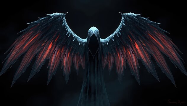 A dark, hooded figure with large, ominous wings spreads out against a black background, evoking a mysterious and eerie atmosphere.
