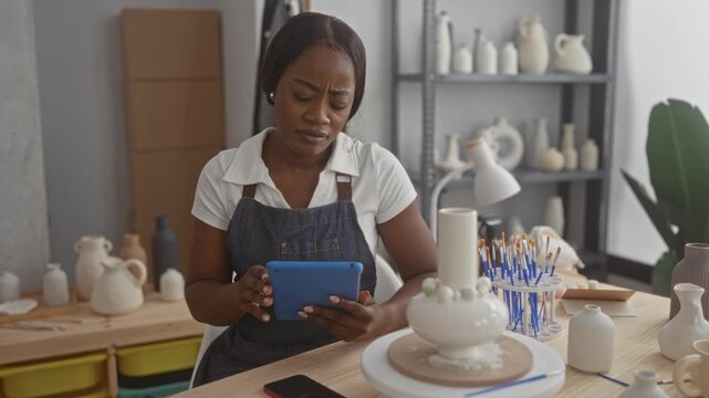 Woman potter in studio holds a blue tablet and taps the screen while seated at a pottery wheel surrounded by brushes and bisque vessels; contemplation.