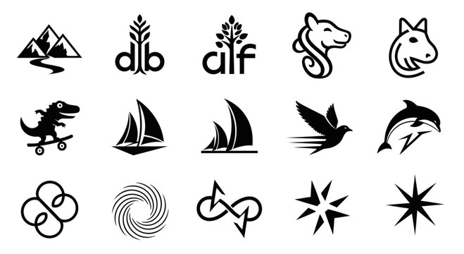 Collection of diverse black and white vector icons: animals, nature, business, sports, and abstract symbols.