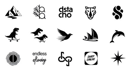 Fototapeta premium Collection of diverse black minimalist icons and logos on a white background