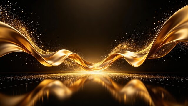 Black Gold Gradient Silk Light Bands Particle Glow Reflective Floor 3D Depth Grand Composed Award Stage Press Conference Main Visual High End Business Abstract Art Poster