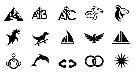 Fototapeta premium Collection of diverse vector icons and logos: animals, nature, abstract shapes, technology