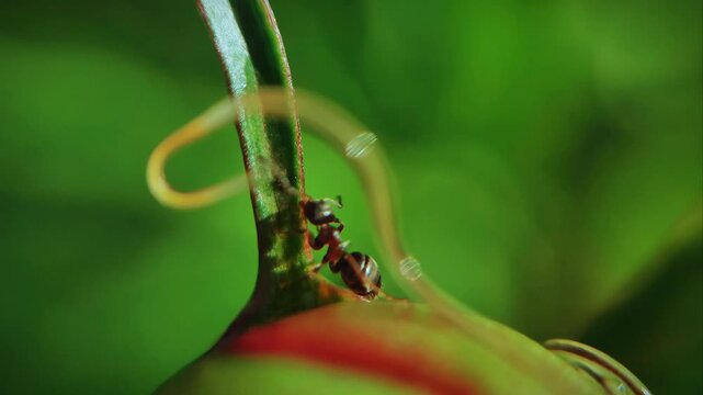 Lasius alienus ants aggressively attacking a horsehair worm Nematomorpha on a plant, macro dramatic wildlife action and insect behavior concept
