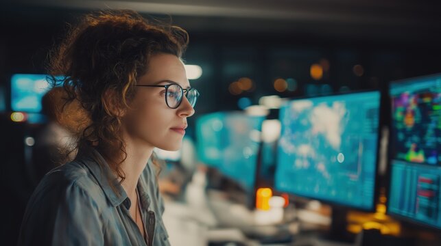 Man wearing glasses sitting at computer desk with multiple monitors