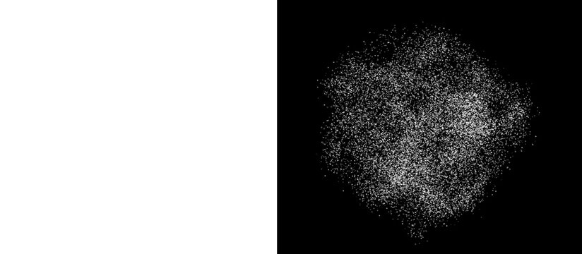 Atmospheric white dust explosion on black background, grainy powder spray texture, cinematic smoke cloud and flour particles for design overlay