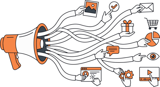 Digital marketing multi channel megaphone broadcast sharing content to social media network website email video and commerce vector illustration
