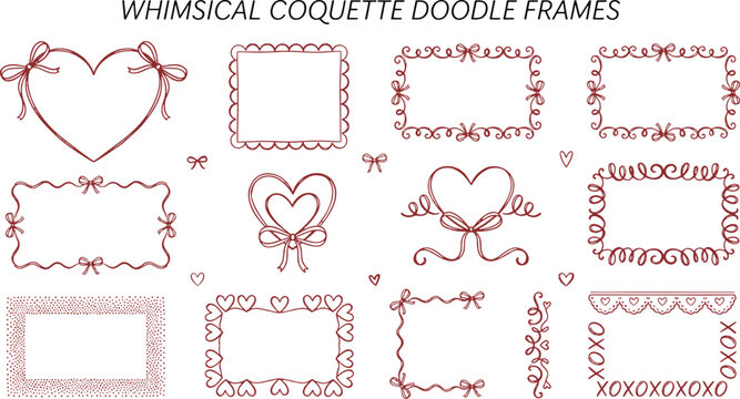 Whimsical coquette doodle frames with cute pink bows and decorative hearts for romantic scrapbooking and digital card design vector illustration