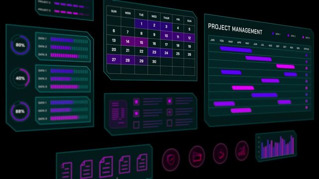 Digital project management interface featuring animated Gantt charts and task scheduling timelines.