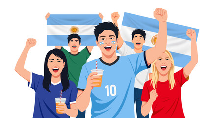 Obraz premium Vector illustration of enthusiastic Argentine football fans cheering with Argentina flags. Ideal for sports event promotions, fan culture content, football campaigns, and supporters.