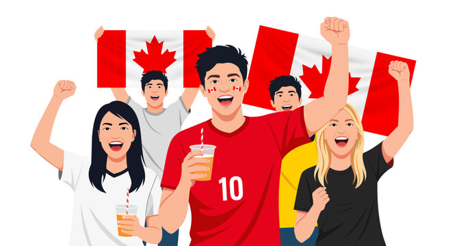 Vector illustration of enthusiastic Canada football fans cheering with flags and team-inspired jerseys. Ideal for sports event promotions, fan culture content, football campaigns, and supporters.