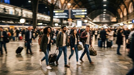 Fototapeta premium Group of diverse young adult friends walking through a busy train station with luggage, representing travel adventure, vacation planning, and urban tourism lifestyle