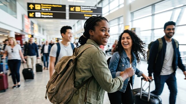 Diverse group of young adult friends walking through airport terminal with luggage, excited travelers arriving for vacation, international students studying abroad, travel lifestyle concept