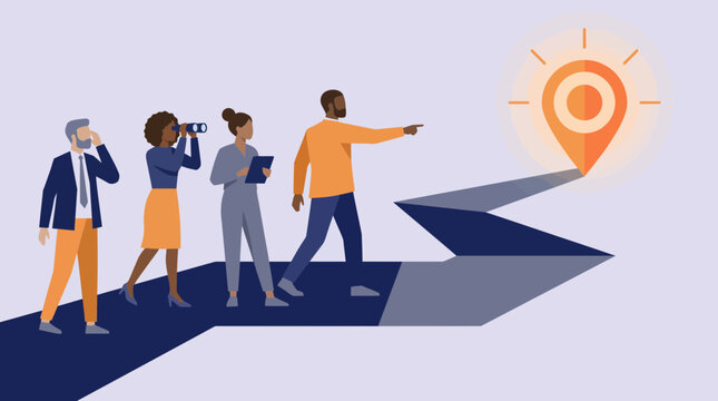 Diverse group of professionals walking on a winding path toward a glowing location pin icon, representing business goal achievement and illustrating strategic roadmap planning