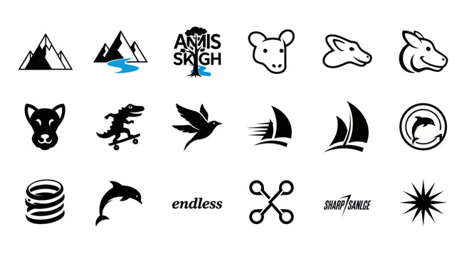 Collection of Icons and Symbols: Animals, Nature, Objects, and Text