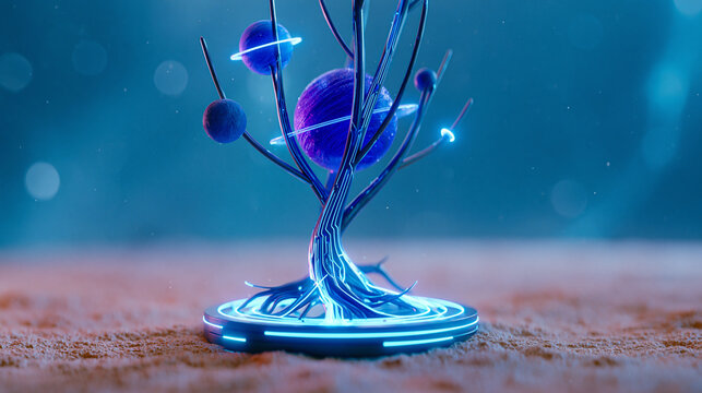Futuristic digital tree with glowing circuit roots and floating planets in a surreal cosmic environment