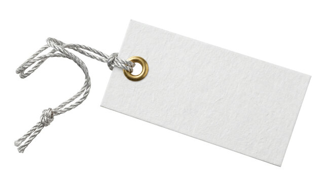 Blank white paper tag with a silver string and metal eyelet angled against a transparent background.